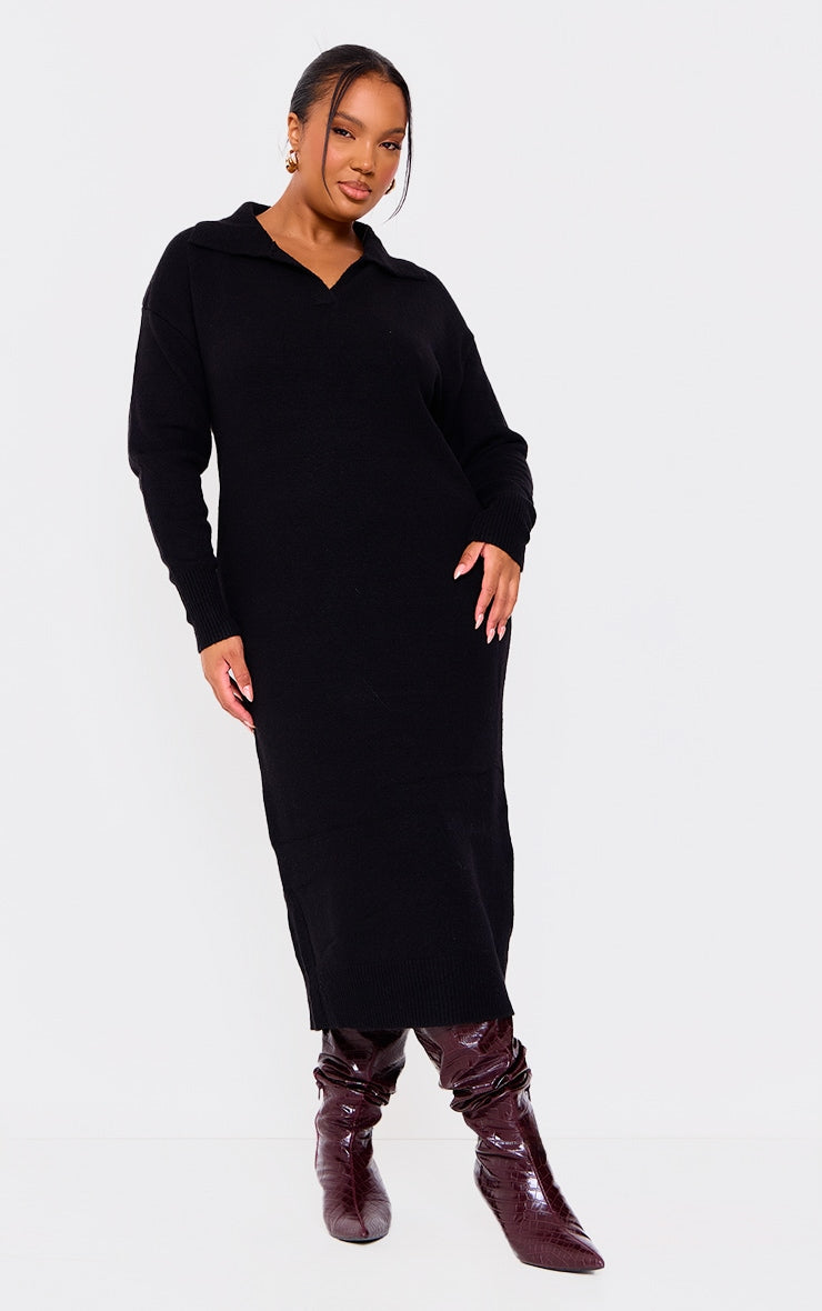 Plus Black Collar Detail Cosy Knitted Midaxi Dress