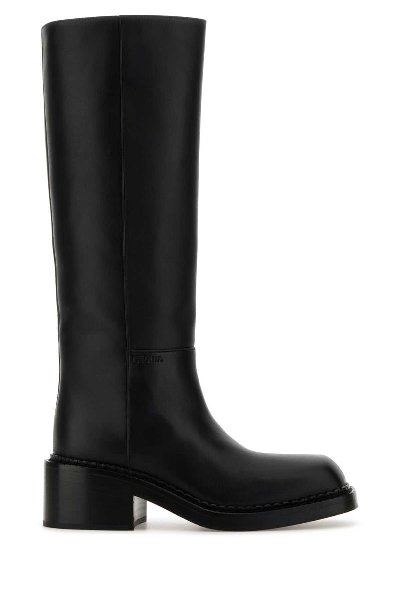 Prada Black Leather Tall Block-Heel Boots