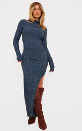 Charcoal Blue Luxe Knit High Neck Long Maxi Dress