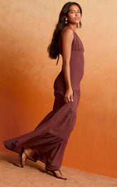 Dark Mauve Chiffon Shirred Tiered Maxi Dress