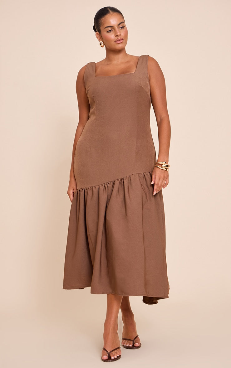 Plus Mocha Pleated Hem Square Neck Midaxi Dress