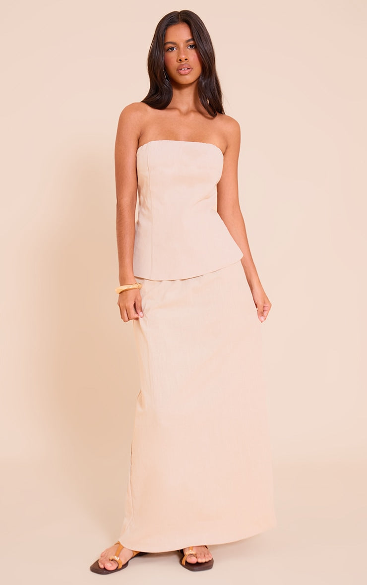 Petite Natural Premium Linen Look Drawstring Maxi Skirt