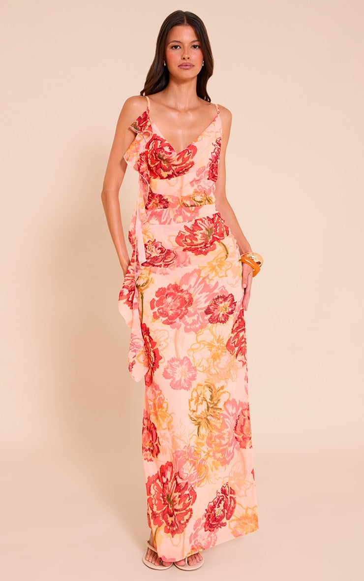 Pink Floral Printed Chiffon Strappy Frill Detail Maxi Dress