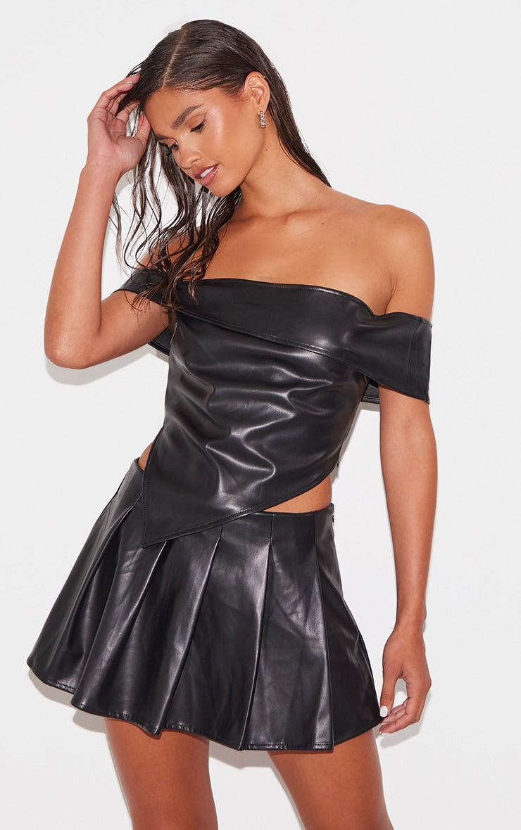 Black Faux Leather Off The Shoulder Top