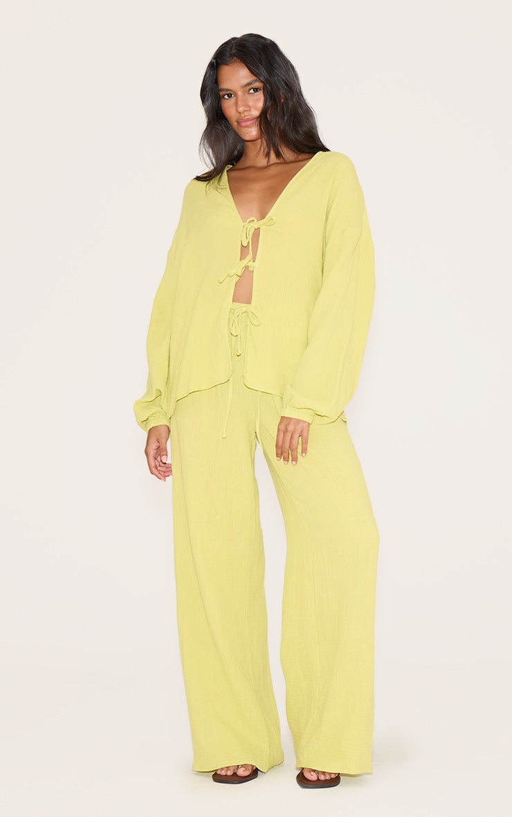Chartreuse Cheesecloth Textured Wide Leg Trouser