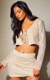 Tall Nude Pink Sequin Tie Front Crop Top