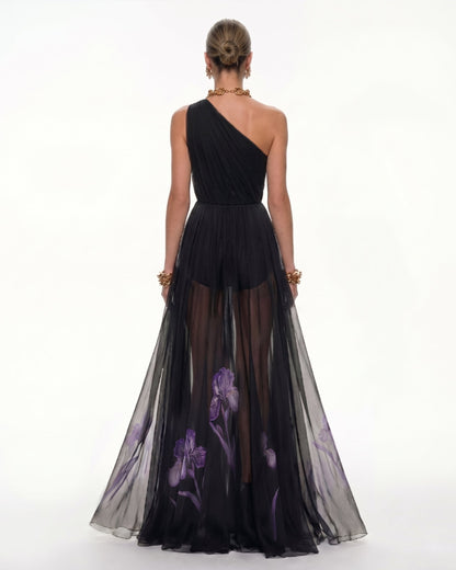 Floral One Shoulder Maxi Dress - Black