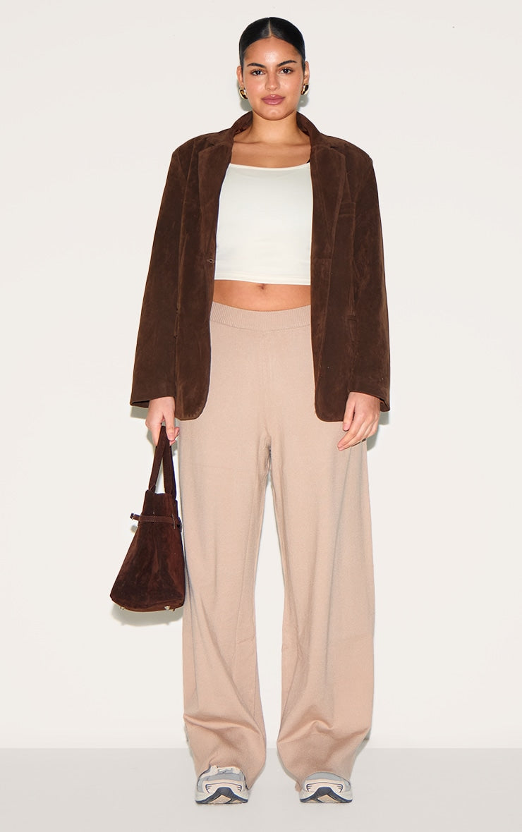 Plus Taupe Basic Knit Wide Leg Trousers