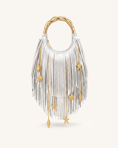 Chloe Metal Handle Fringe Top Handbag - Black