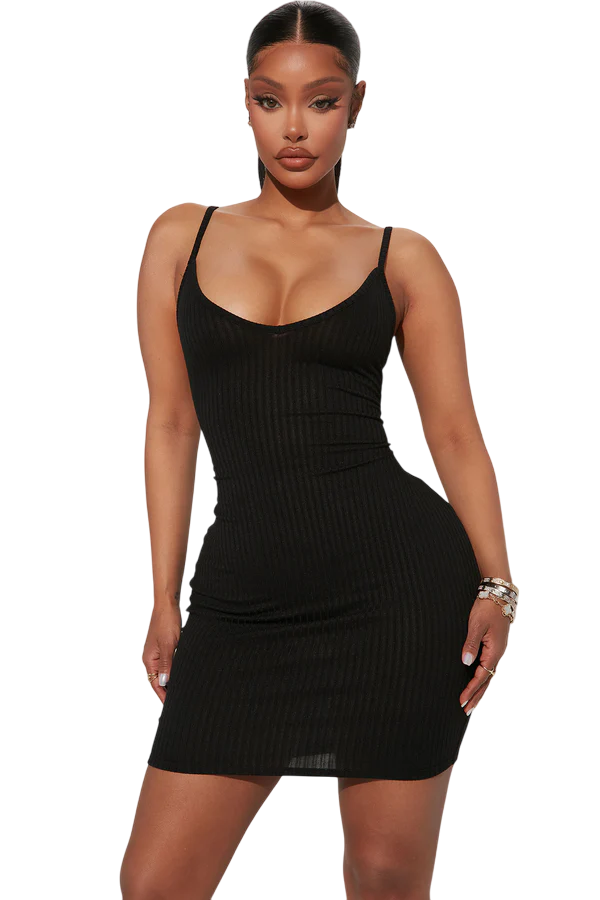 Erin Ribbed Cami Mini Dress - Black
