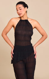 Black Textured Sheer Woven Backless Asymmetric Long Top
