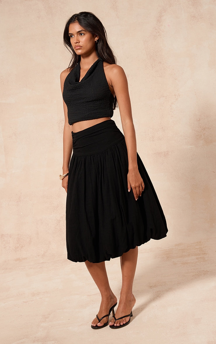 Black Cotton Volume Puffball Midi Skirt