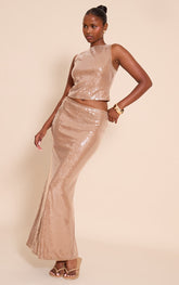 Mocha Sequin Low Rise Maxi Skirt