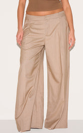 Plus Taupe Premium Woven Pinstripe Tailored Straight Leg Trousers