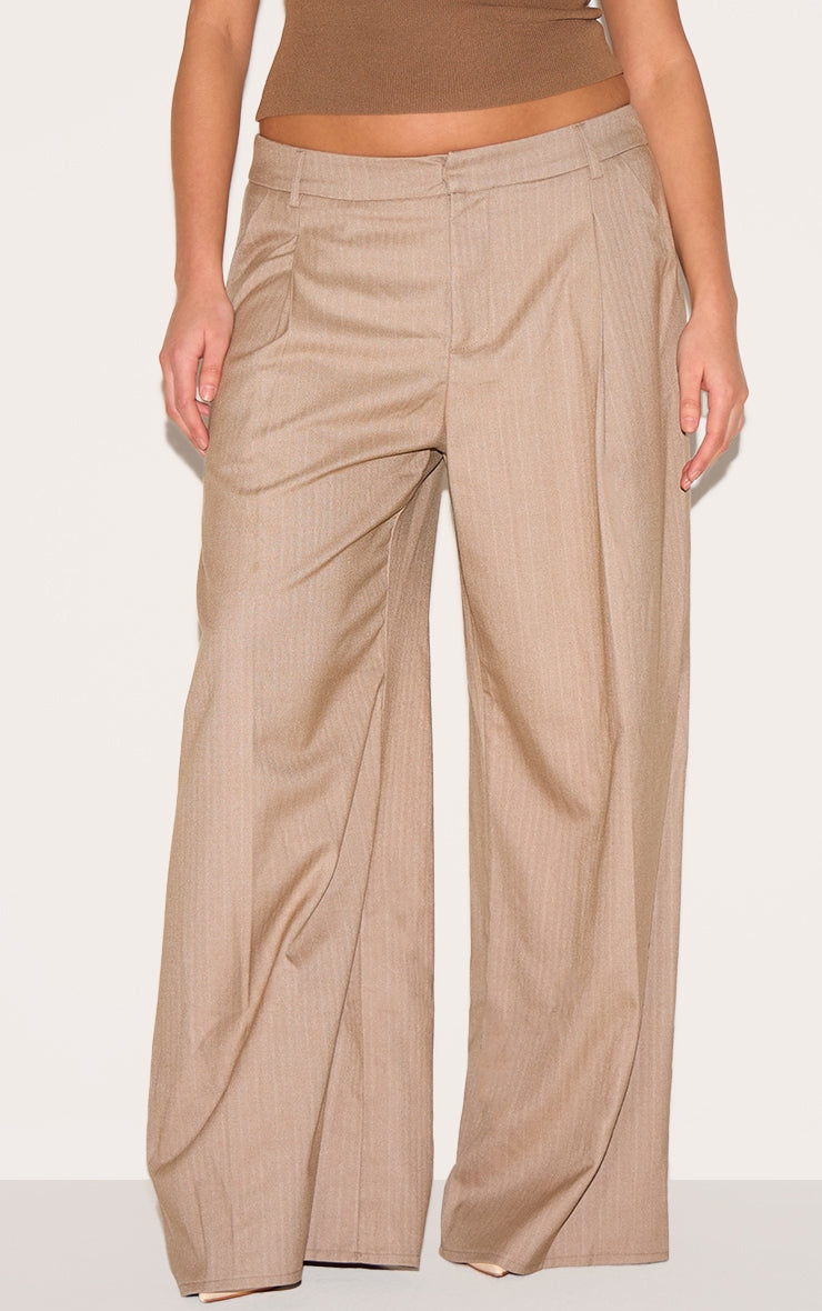 Plus Taupe Premium Woven Pinstripe Tailored Straight Leg Trousers