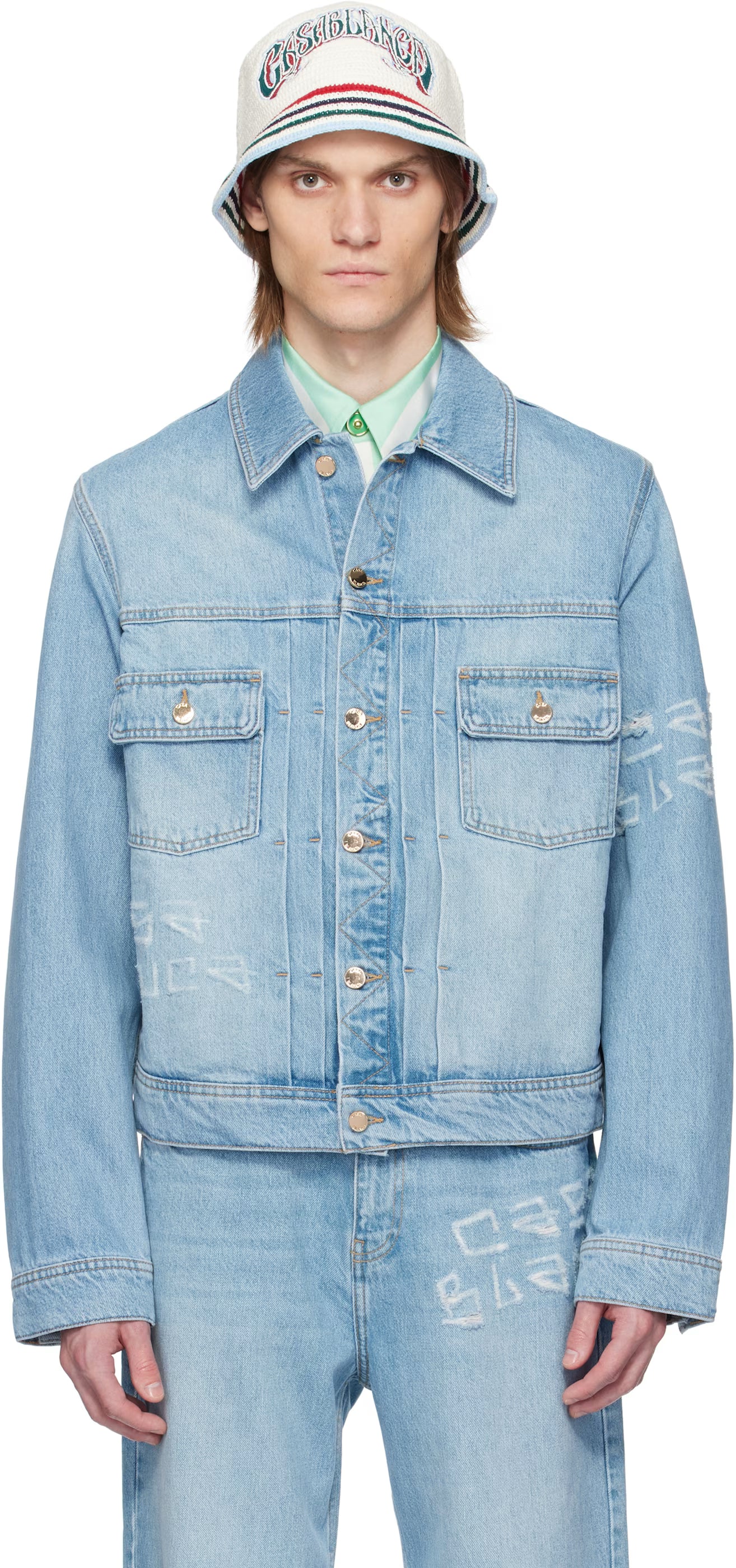 Blue Graffiti Distressed Denim Jacket