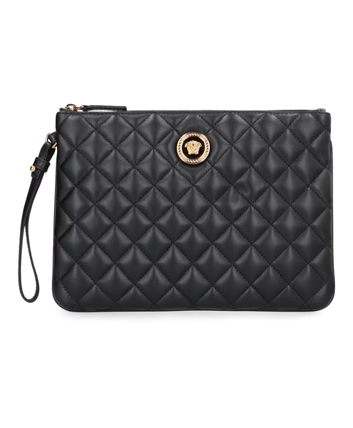 Quilted Leather Flat Pouch with Wrist Strap