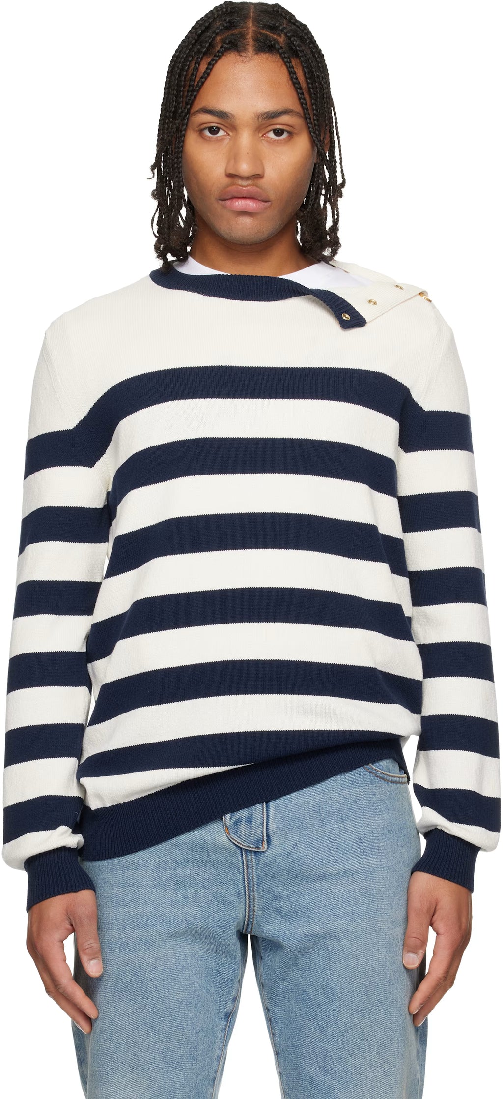 White & Navy Buttoned Marinière Knit Sweater