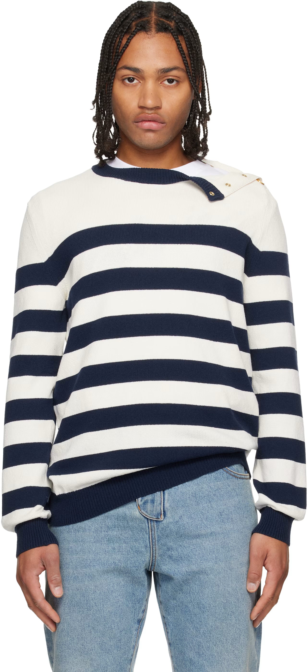 White & Navy Buttoned Marinière Knit Sweater