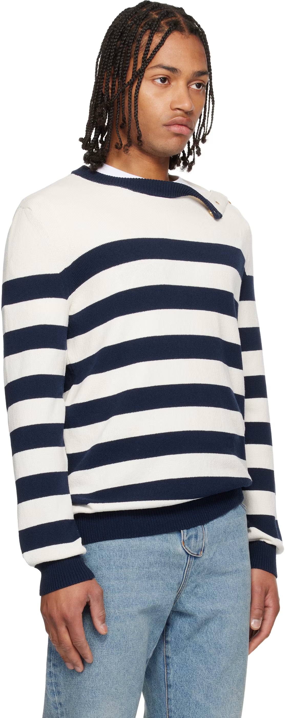 White & Navy Buttoned Marinière Knit Sweater