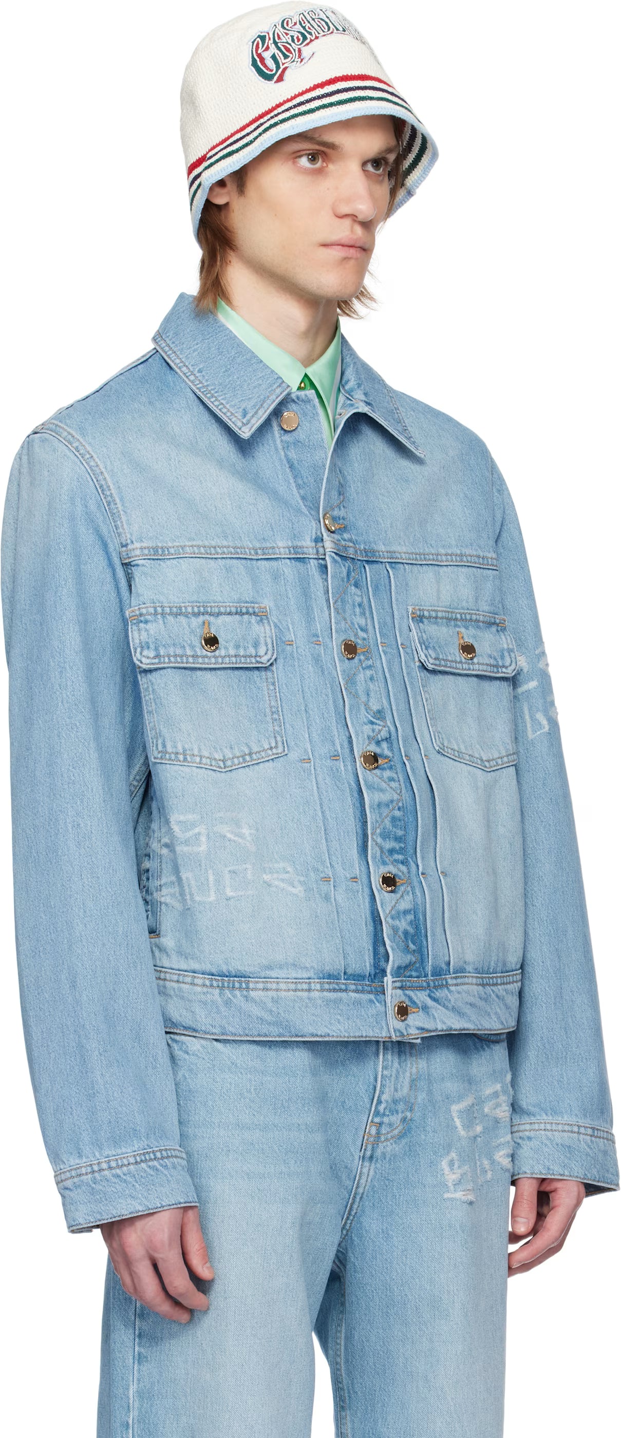 Blue Graffiti Distressed Denim Jacket