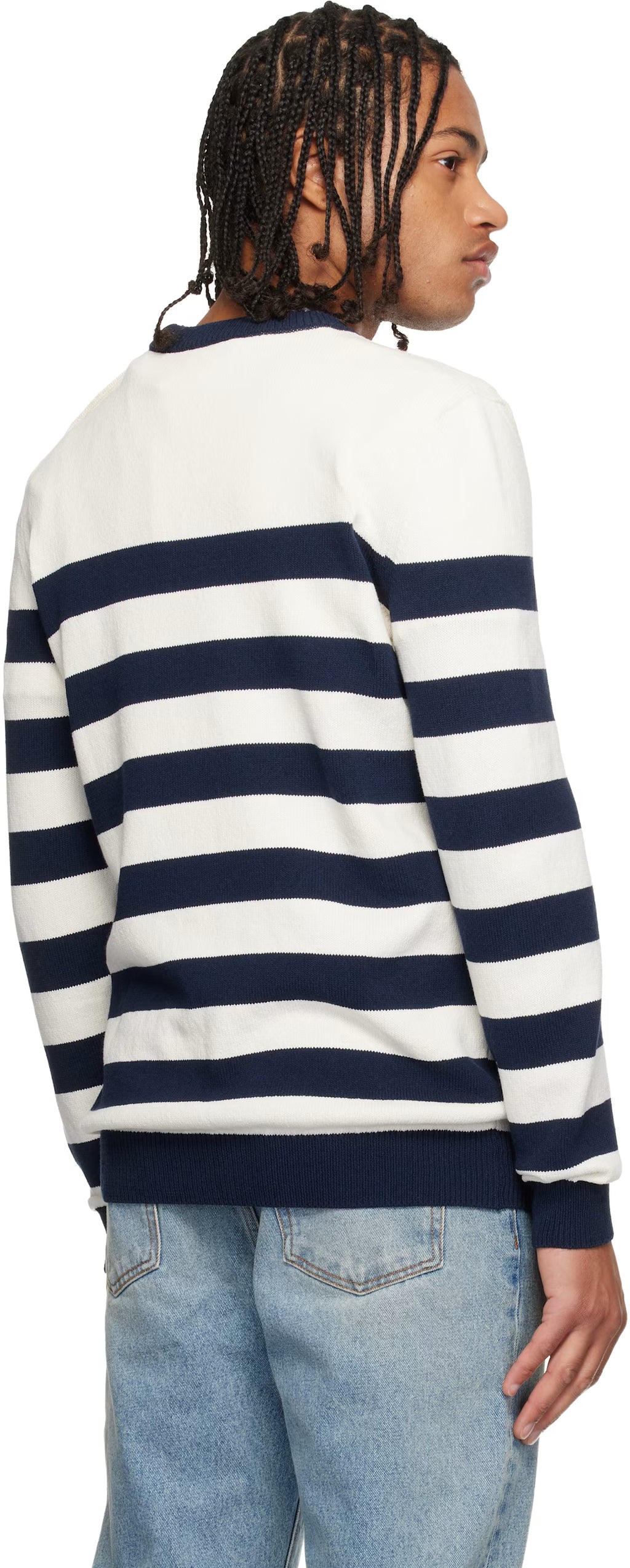 White & Navy Buttoned Marinière Knit Sweater