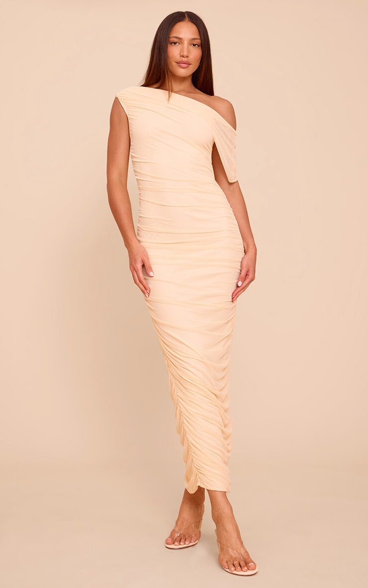 Tall Almond Mesh Overlay One Shoulder Ruched Maxi Dress