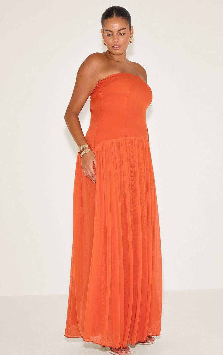 Plus Orange Bandeau Chiffon Pleated Maxi Dress
