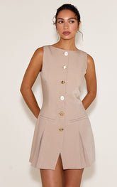Camel Abstract Button Pleated Shift Dress