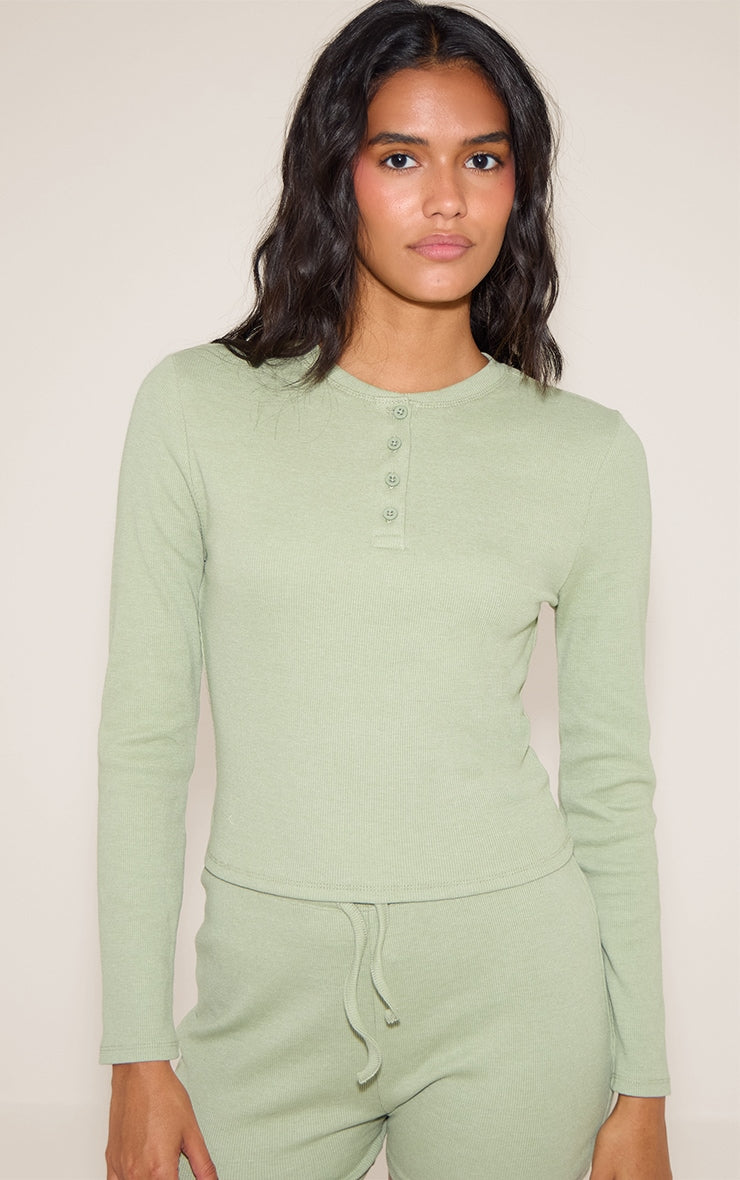 Sage Ribbed Button Down Long Sleeve Pj Top