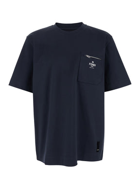 Fendi Blue Crewneck T-Shirt with Logo Printed on the Front and Patch Pocket with Zip in Cotton Man