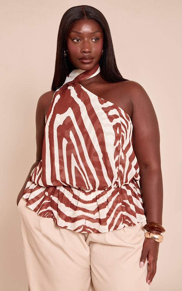 Plus Zebra Sheer One Shoulder Flowy Ruched Long Top