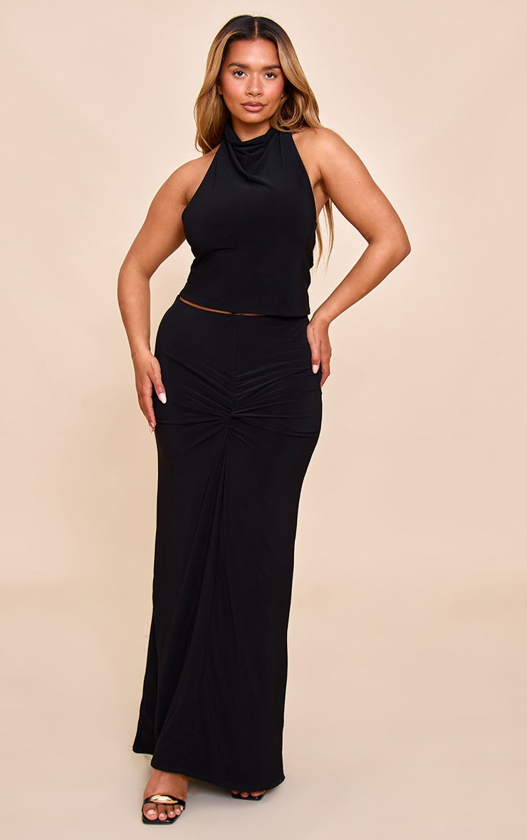 Shape Black Mid Rise Ruched Side Maxi Skirt
