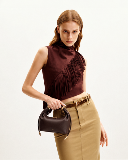 Ellie Metal Ring Embellished Top Handle Bag - Dark Brown