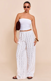 White Crochet Textured Wide Leg Trousers