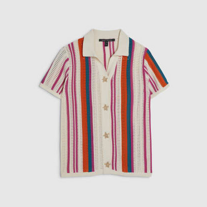 Petite Cream Striped Crochet Shirt