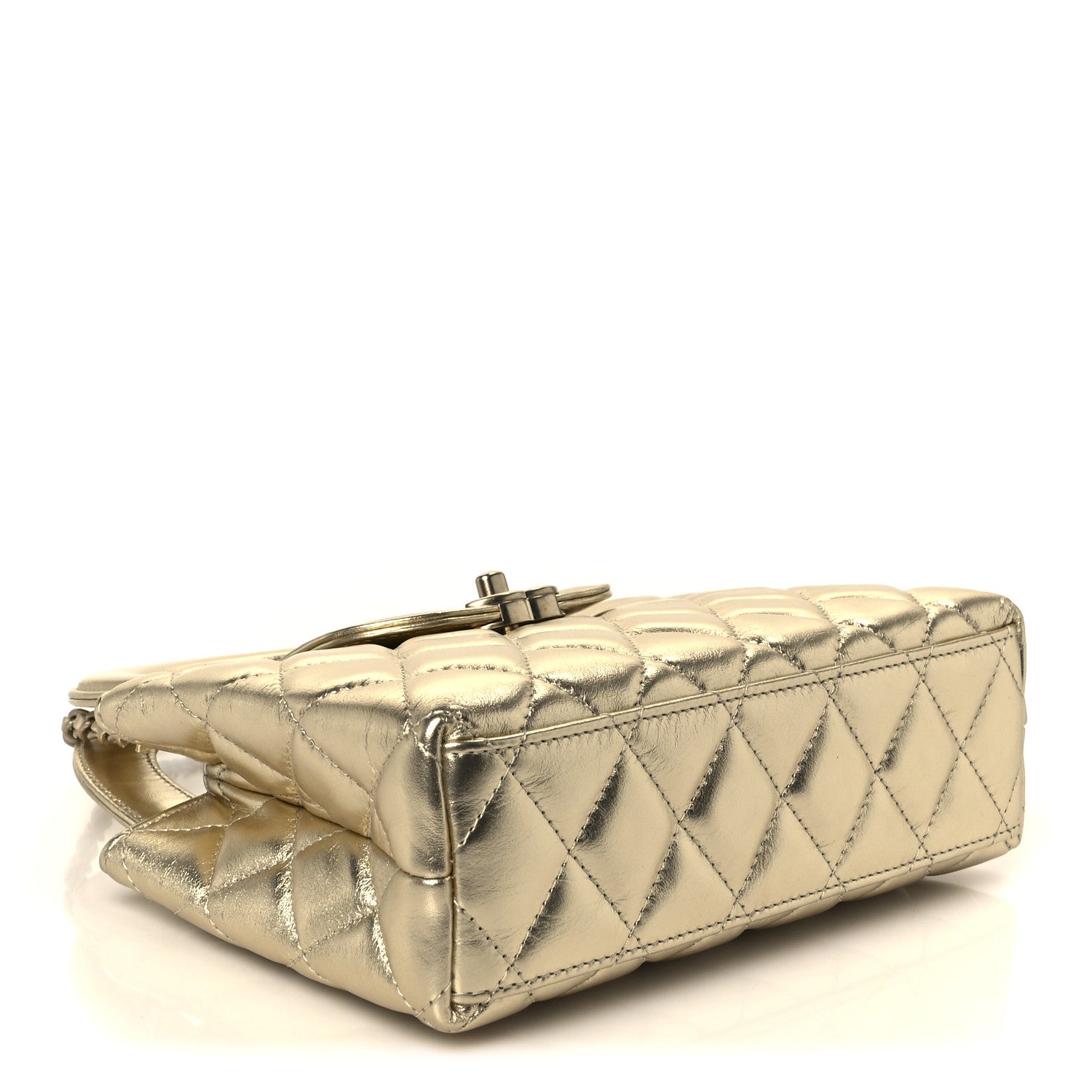 Metallic Shiny Aged Calfskin Quilted Nano Kelly Shopper Gold
