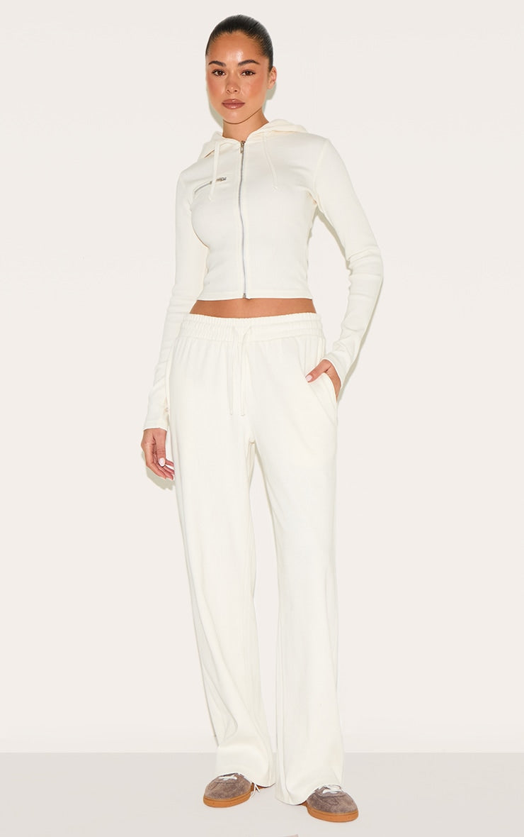 Cream Wide Leg Ribbed Trousers