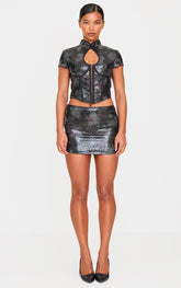 Black Printed Sequin Micro Mini Skirt