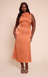Plus Orange Satin Boat Neck Fishtail Midi Dress