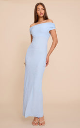 Light Blue Textured Bardot Sleeveless Maxi Dress
