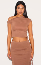 Tall Mocha Off Shoulder Ruched Crop Top