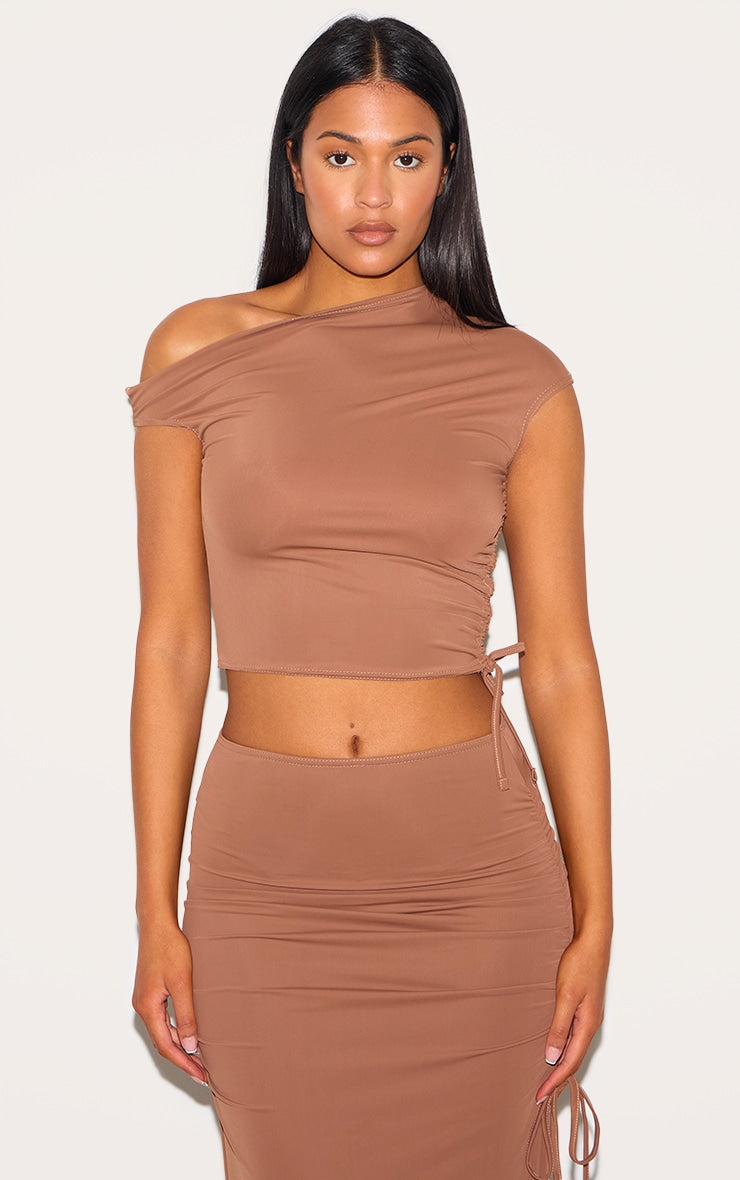 Tall Mocha Off Shoulder Ruched Crop Top