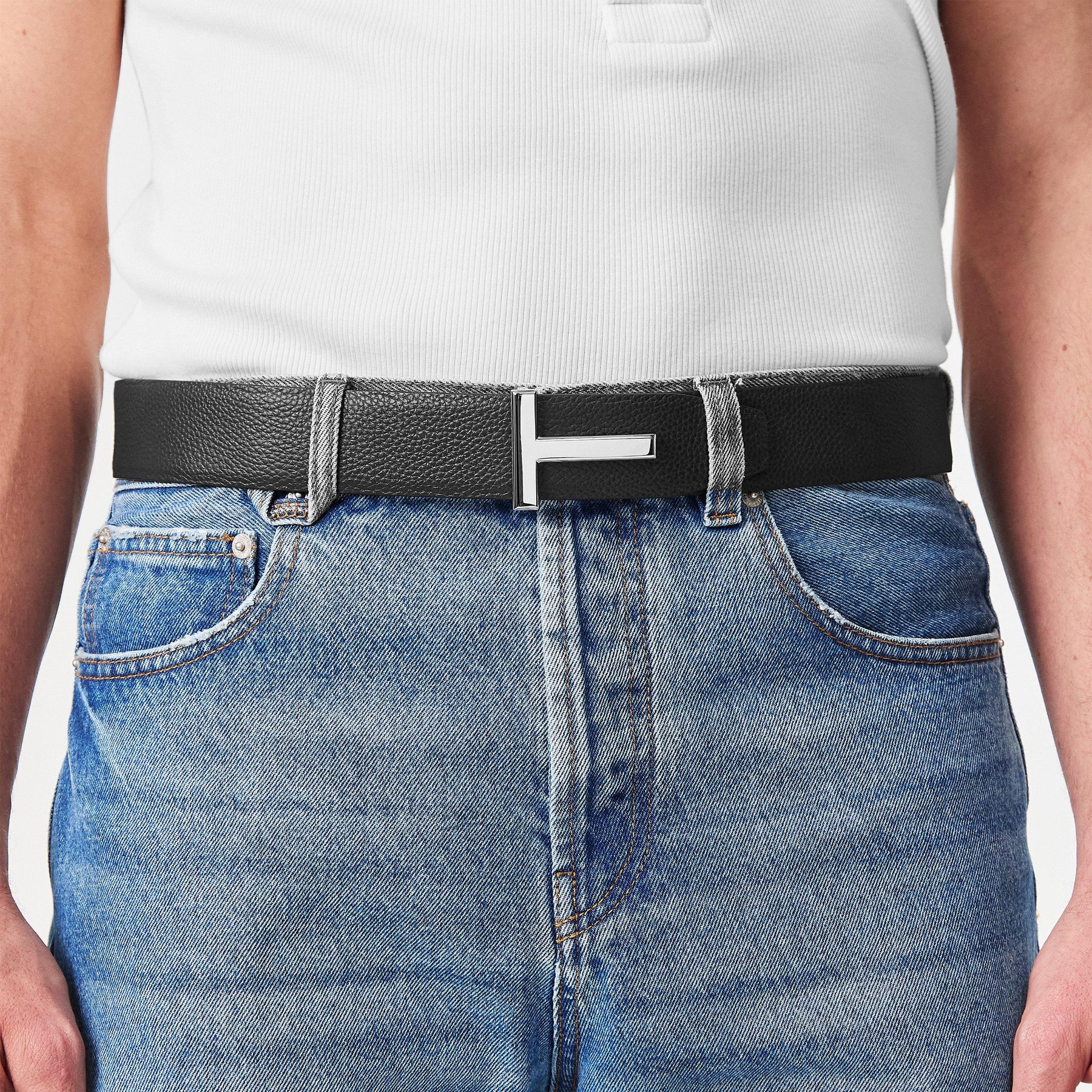 Men's Plain Leather Reversible T Buckle Belt