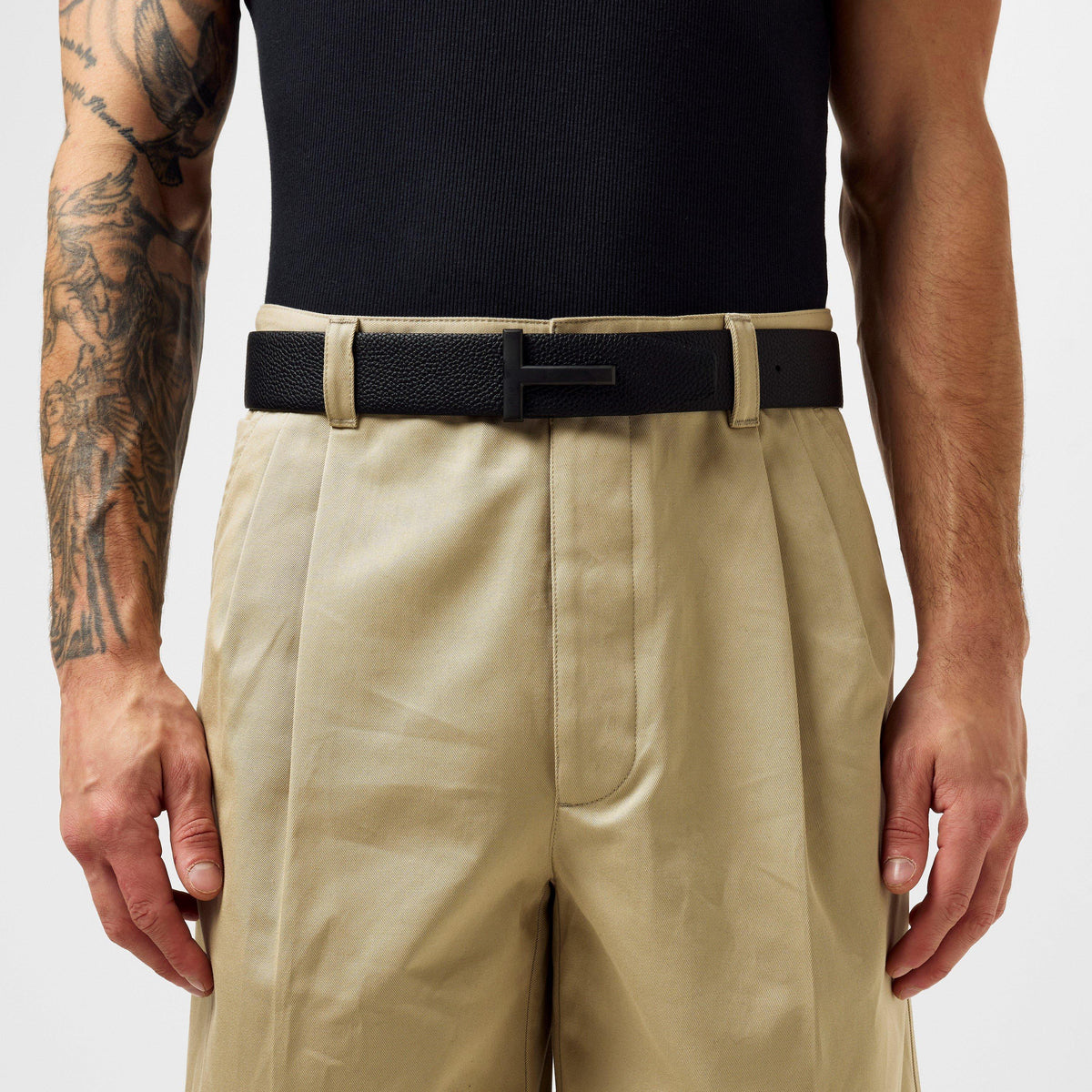 Men's Plain Leather Reversible T Buckle Belt