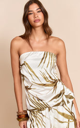 Green Leaf Print Satin Ruched Bandeau Top