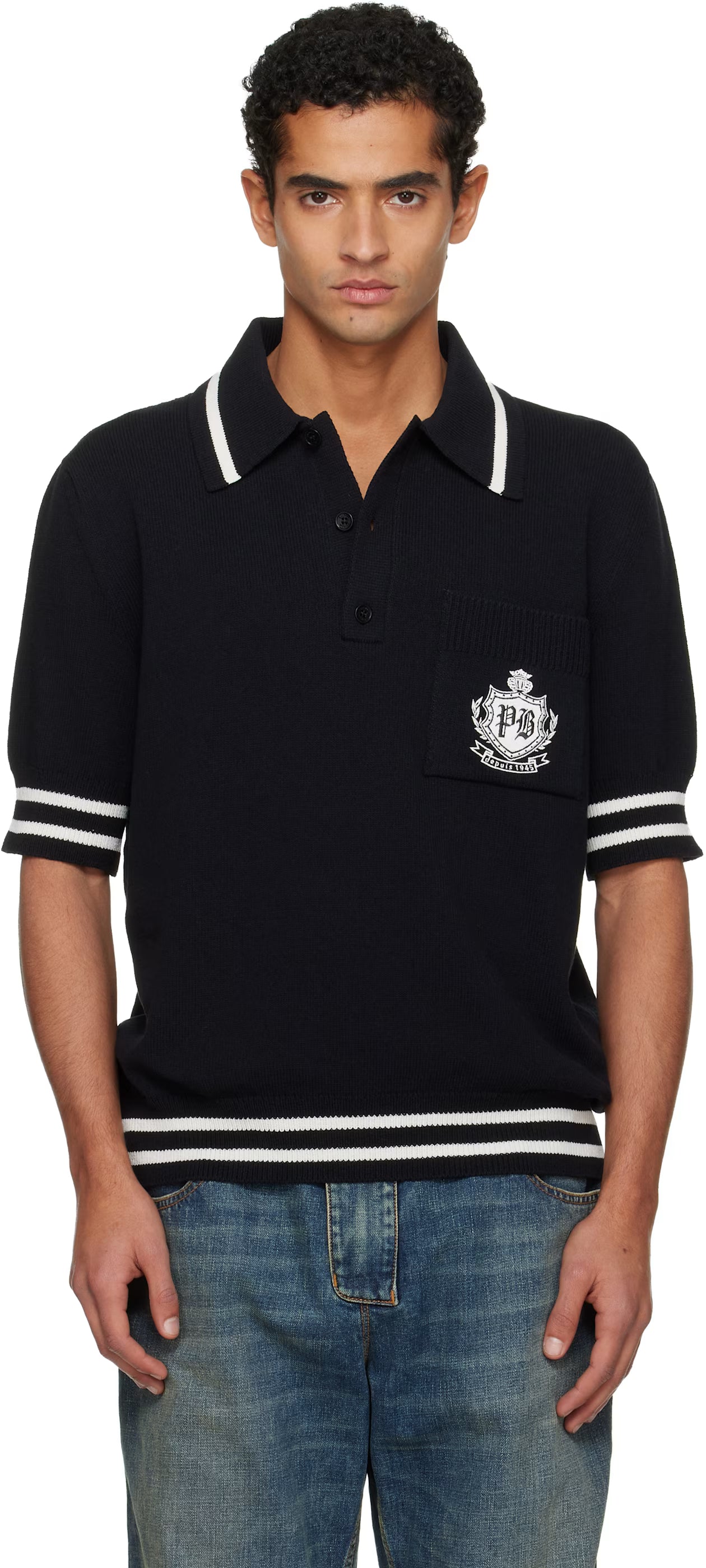 Black College Emblem Embroidery Knit Polo