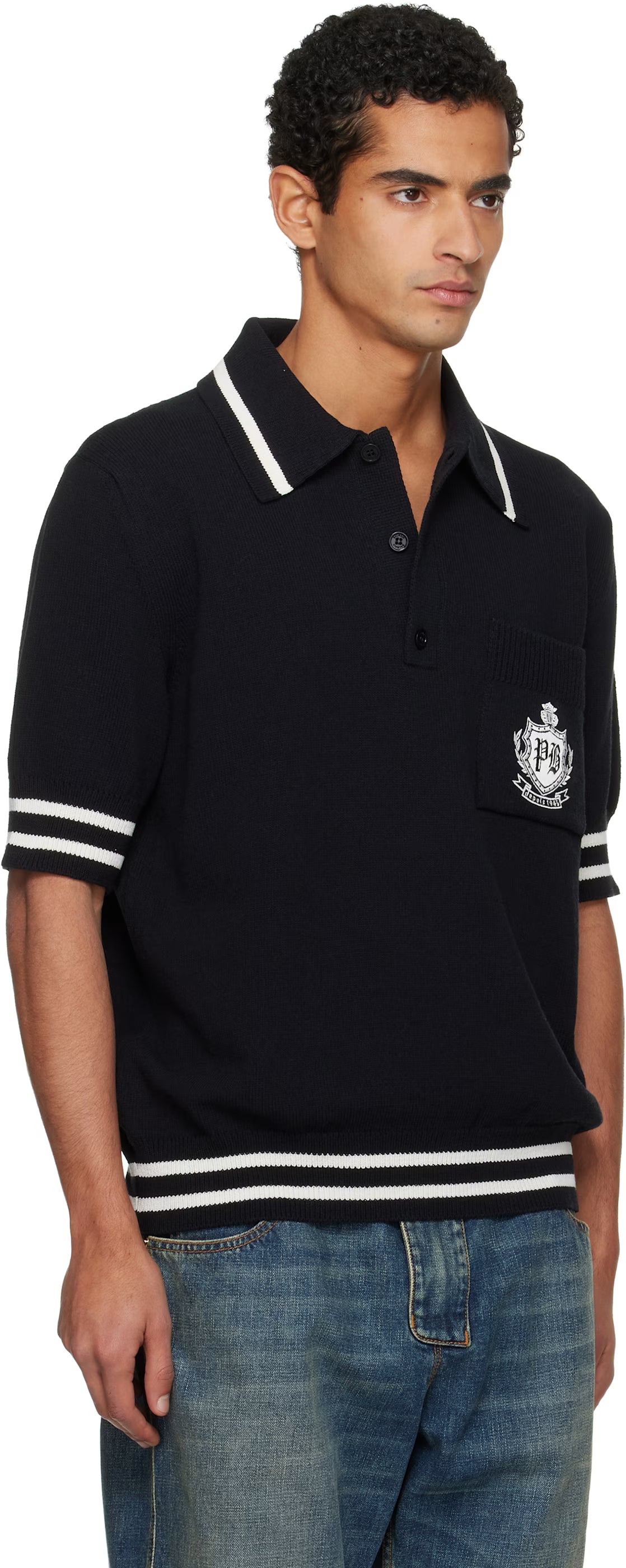 Black College Emblem Embroidery Knit Polo