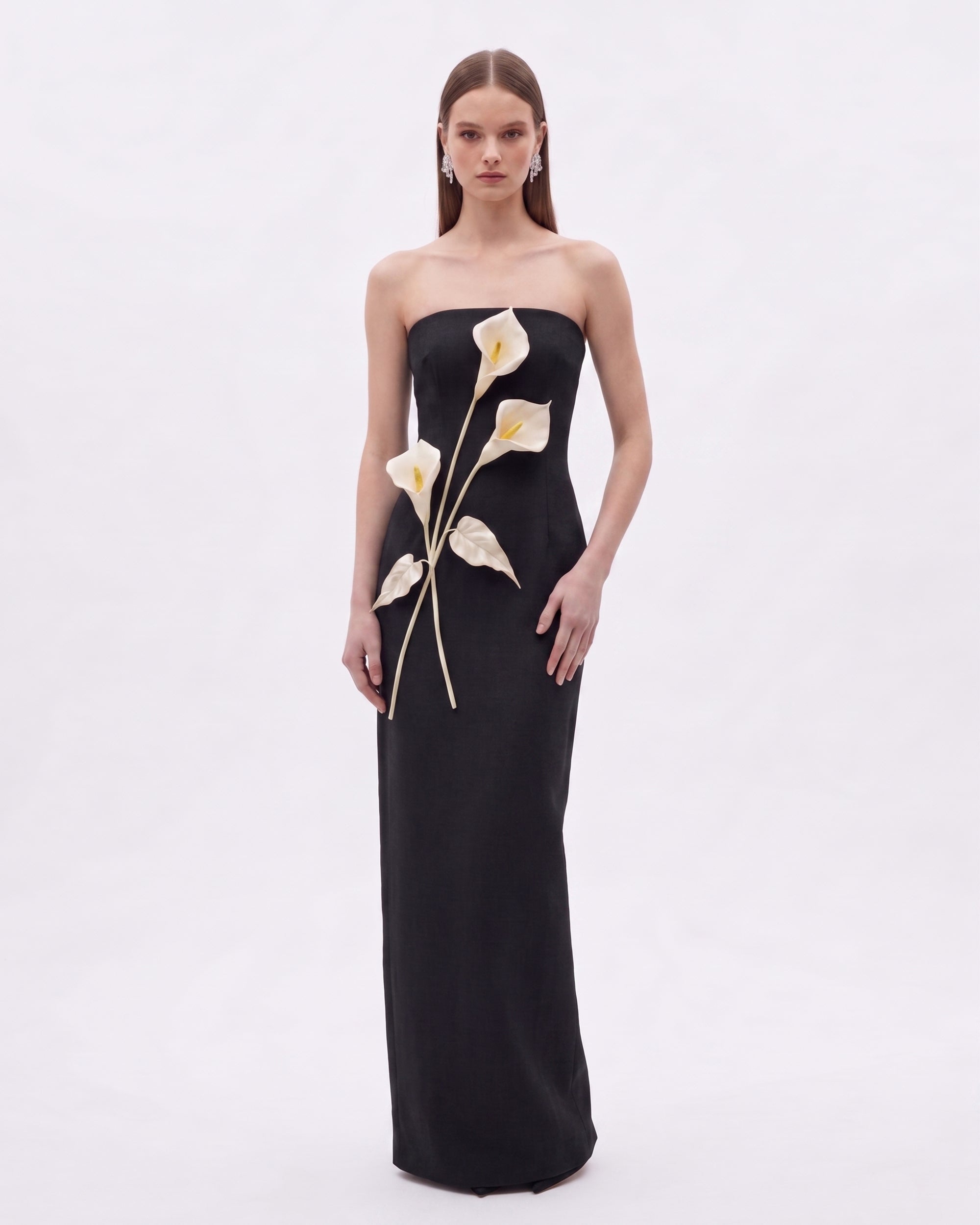 Floral Appliqué Strapless Dress - Cream Ivory