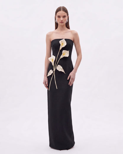 Floral Appliqué Strapless Dress - Cream Ivory